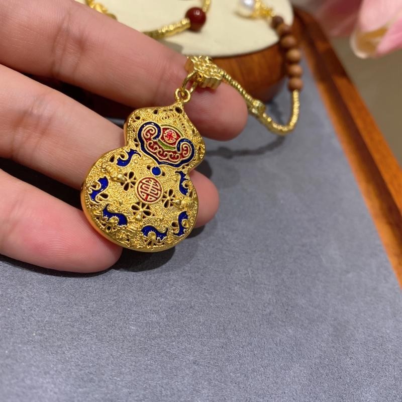 Vintage Cloisonné Gold Gourd Pendant - Chinese Lucky Enamel Sweater Chain