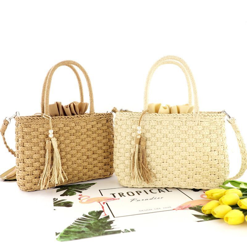 Summer Straw Shoulder Bag Pearl Tassel Weaving Vintage Large Handbag Shopper Bag
