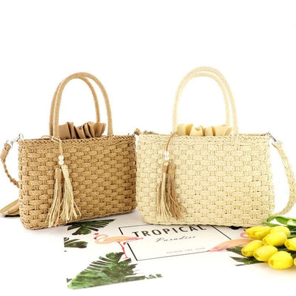 Summer Straw Shoulder Bag Pearl Tassel Weaving Vintage Large Handbag Shopper Bag