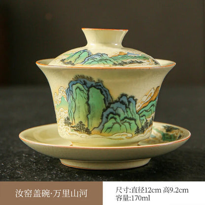 Handmade Retro Gracked Glaze Ceramic Tea Bowl, Large Beige Ru Ware Gaiwan