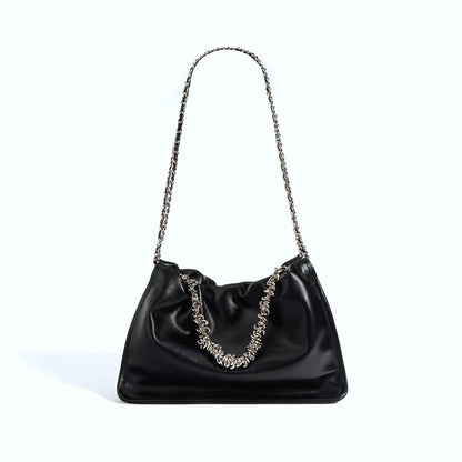 Ruched Real Leather Clutch Purse Pouch Tote Shoulder Bag Crossbody w/ Chains