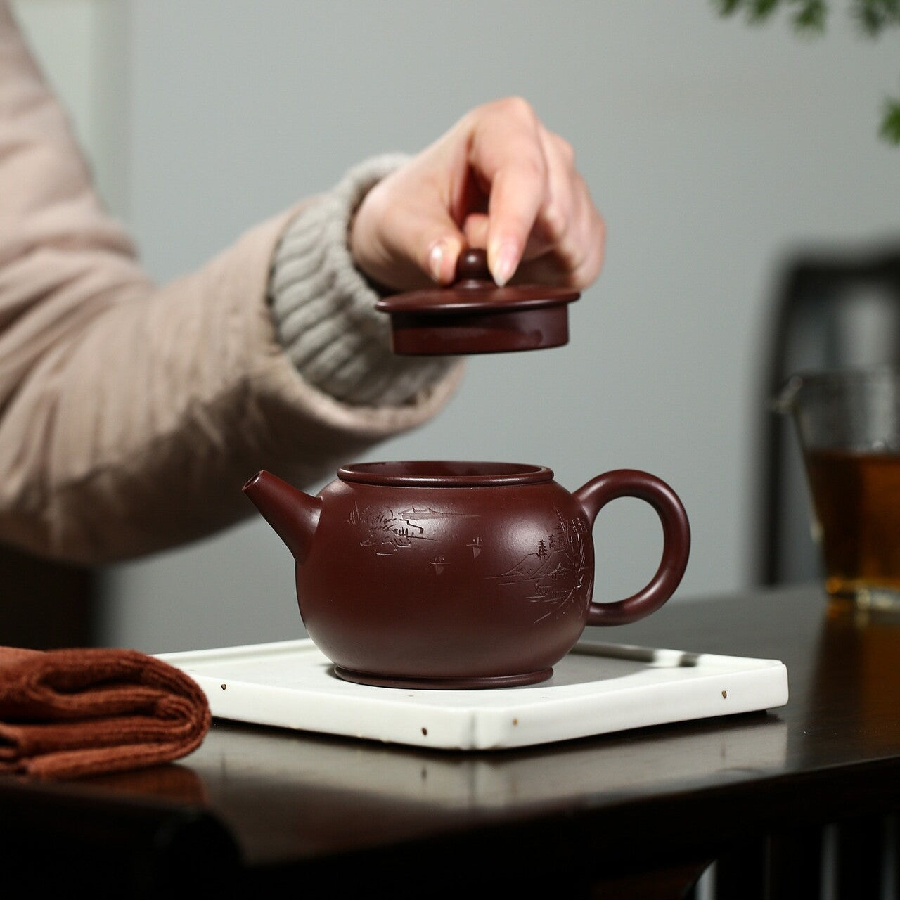 Handmade Tea Pot Marked Bamboo Carved Chinese Yixing Zisha Pot Purple Clay China