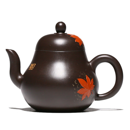 Handmade Tea Pot 9 Infuser Holes Real Yixing Zisha Black Clay Maple Leaf Relief