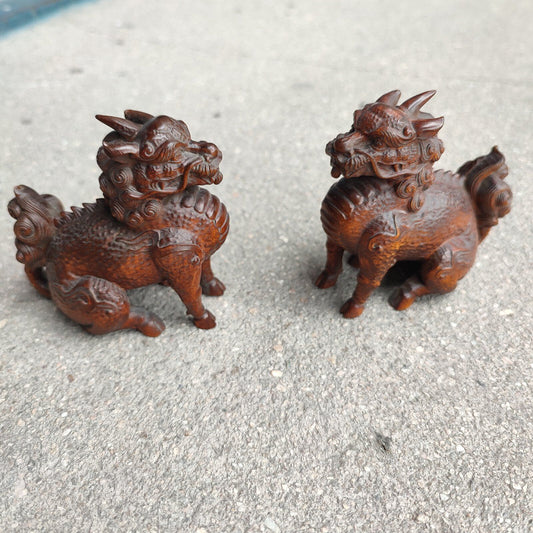 Pair Chinese Unicorn Fabulous Kylin Dragon Statue Boxwood Livingroom decoration