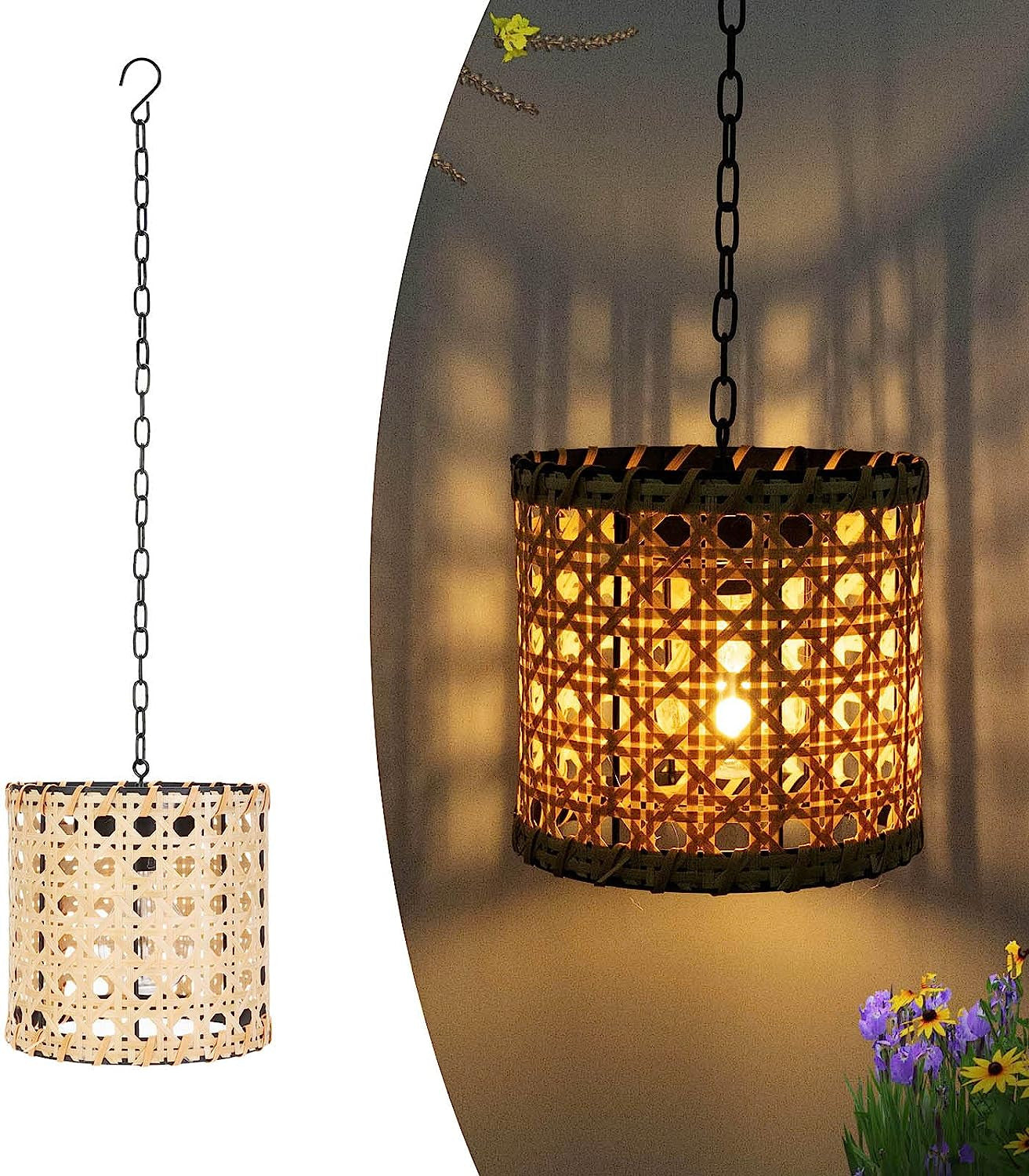 Retro Solar Hand Woven Bamboo Tube Lamp Outdoor Waterproof Decorative Hanging