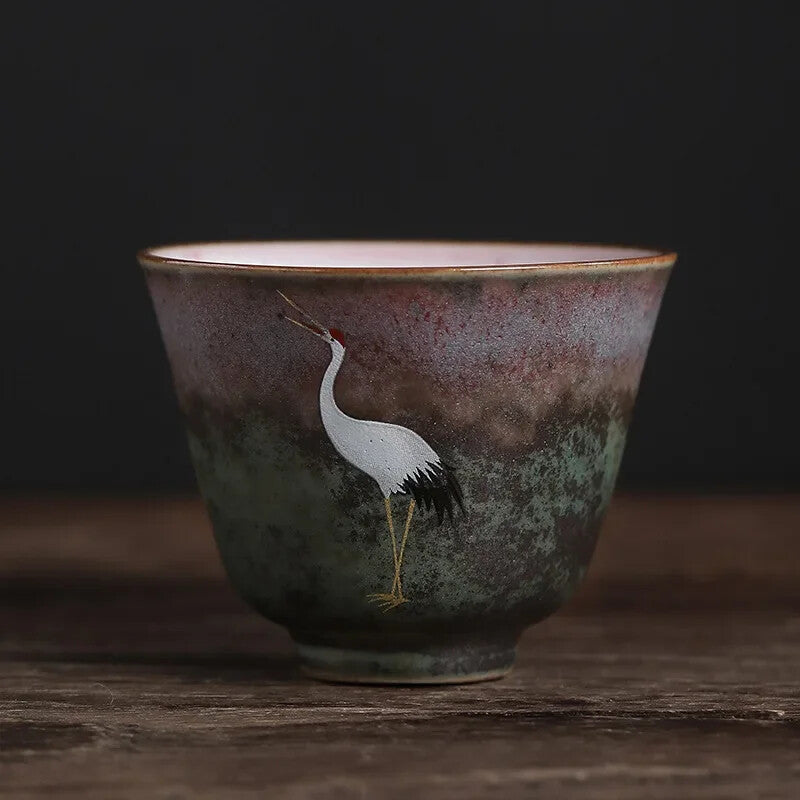 Handmade Crane Tea Cup Stoneware Kiln Roasted Vintage Tea Cup Ceramics Pottery