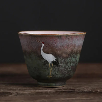 Handmade Crane Tea Cup Stoneware Kiln Roasted Vintage Tea Cup Ceramics Pottery