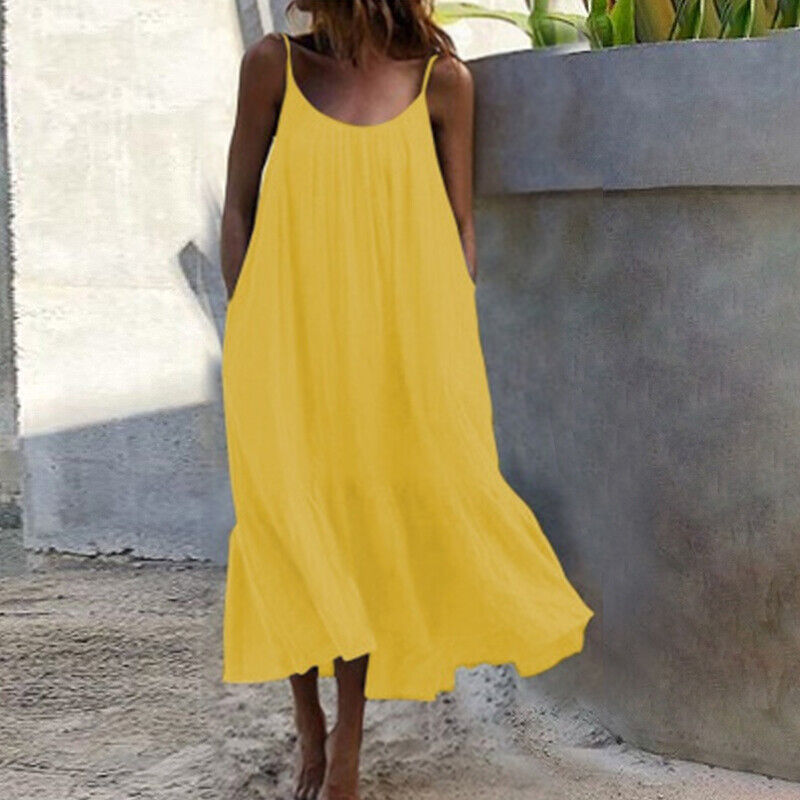 Womens Summer Sleeveless Loose Dress Beach Slip Sundress Swing Baggy Solid Color
