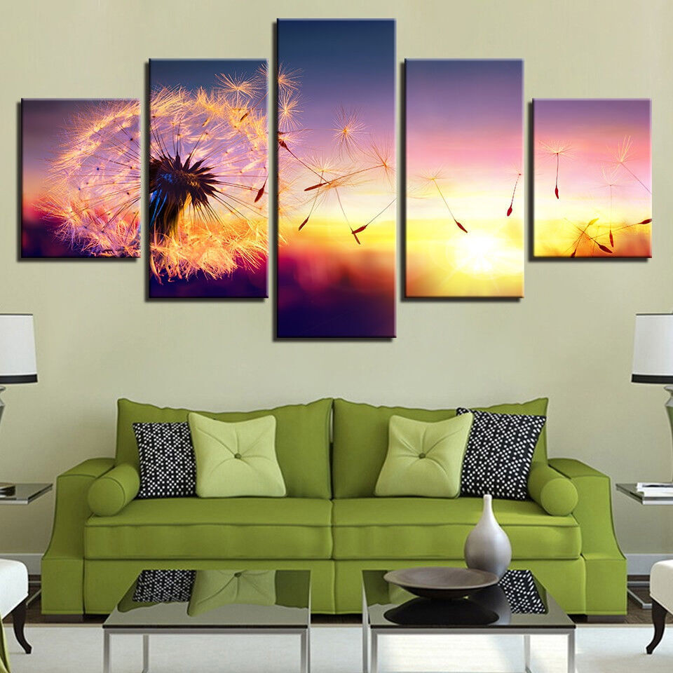 Dandelion Flower Sunset Meadow Landscape Painting 5 Panel Canvas Print Wall Art