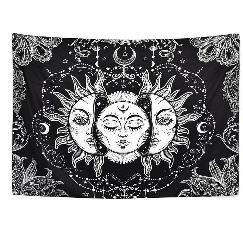 Psychedelic Tapestry White Black Sun Moon Mandala Wall Hanging Celestial Hippie