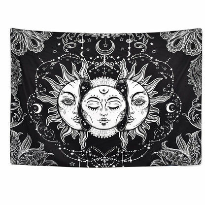 Psychedelic Tapestry White Black Sun Moon Mandala Wall Hanging Celestial Hippie