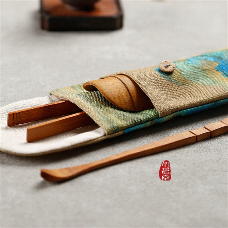Cotton Linen Storage Bag Set Kung Fu Tea Set Bag Bamboo Tea Clip Accessories