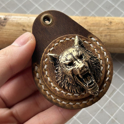 Genuine Leather Brass Wolf Head Key Fob Access Card Holder ≤3.2cm