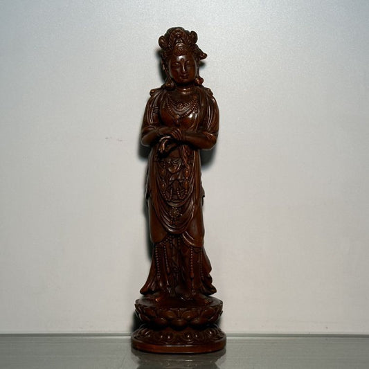 Chinese Vintage Boxwood Carved Kwan Yin Statue Wooden Sculptures Home Decor Art