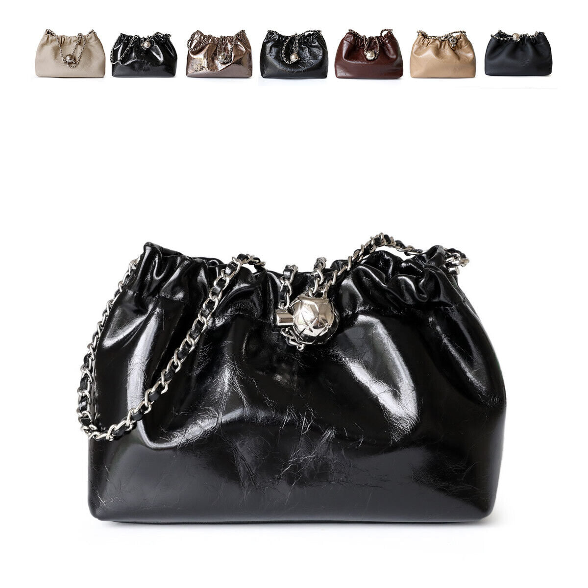 Small Mini Ruched Real Leather Clutch Pouch Purse Shoulder Bag w/ Chain Fashion