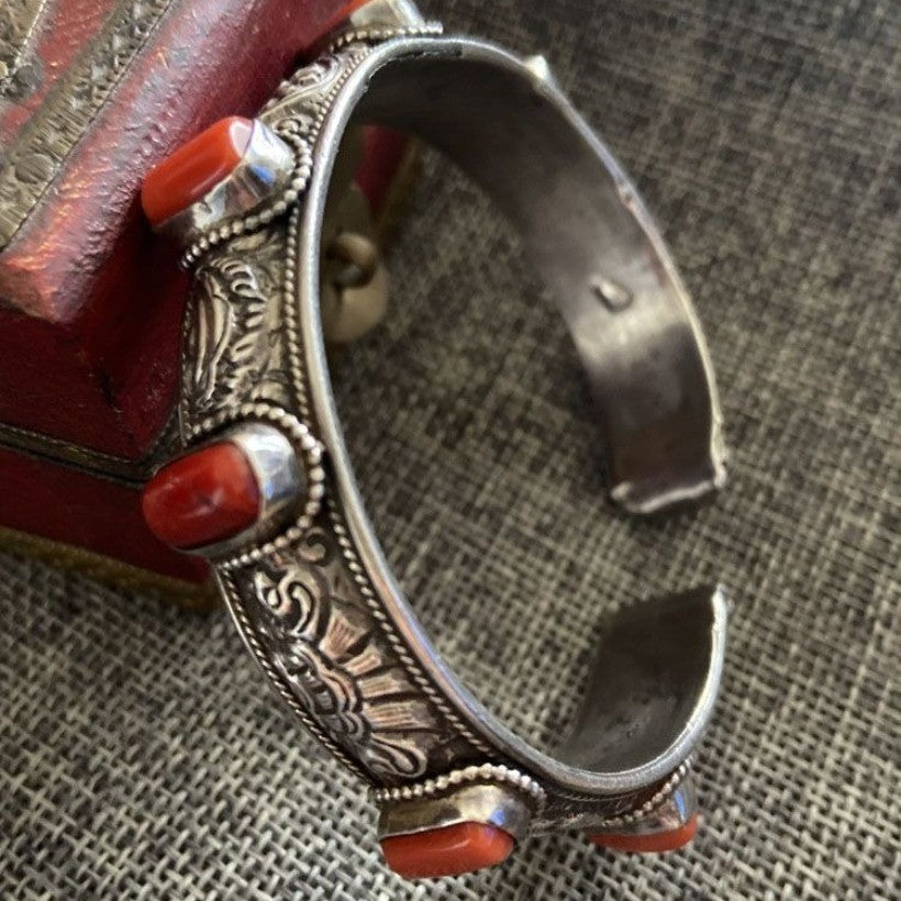 Tibetan Nepalese Bangle Adjustable Eight Treasures Red Inlay Bracelet