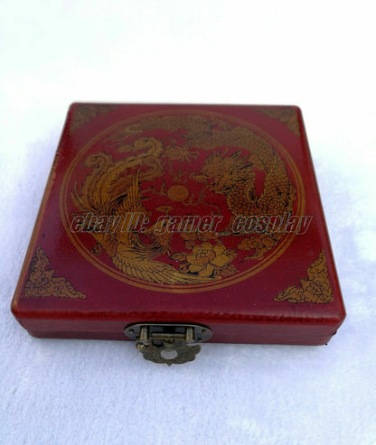 Old Chinese Feng Shui Compass W. Leatherette Wood Dragon Phoenix Box 13cm