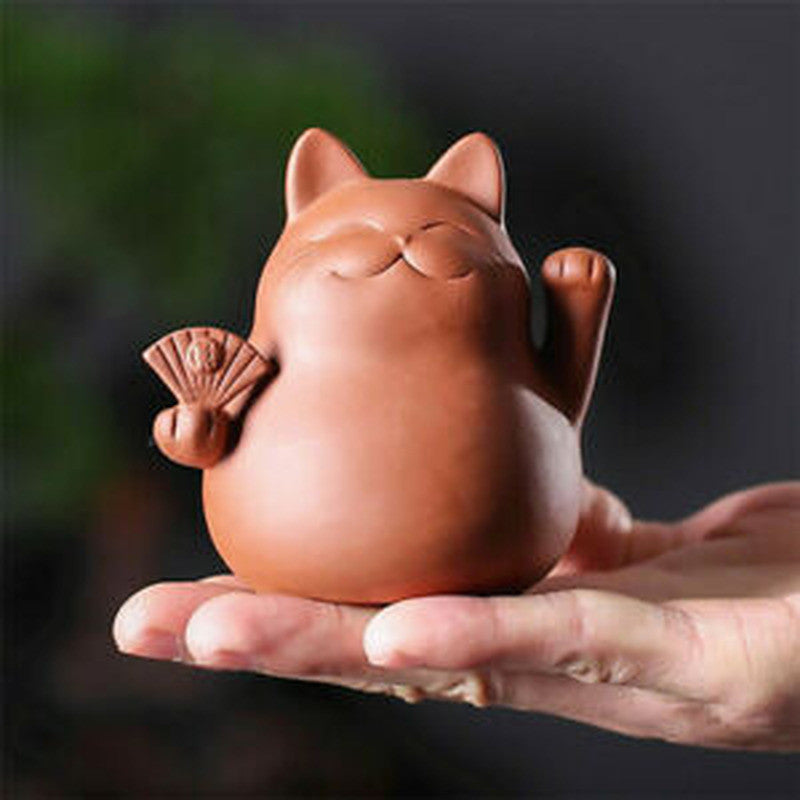 Chinese Purple Clay Tea Pet Cat Lucky Wealth Maneki Kungfu Tea Pet Home Decor