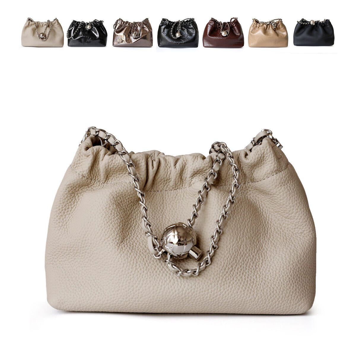 Small Mini Ruched Real Leather Clutch Pouch Purse Shoulder Bag w/ Chain Fashion