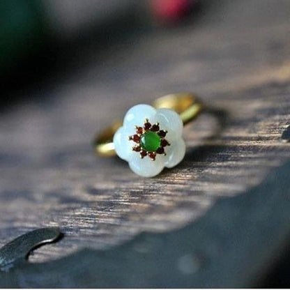 New Natural White Jade Flower Ring Women Adjustable Jewelry
