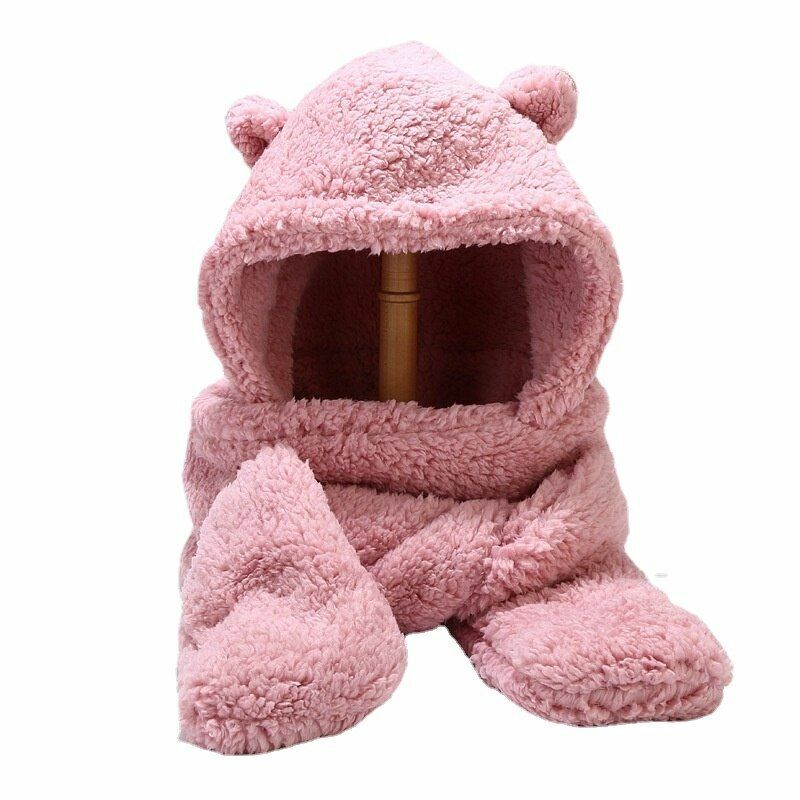 Women Fluffy Scarf Hat Gloves Set Warm 3In1 Hooded Cartoon Bear Cute Ears Winter
