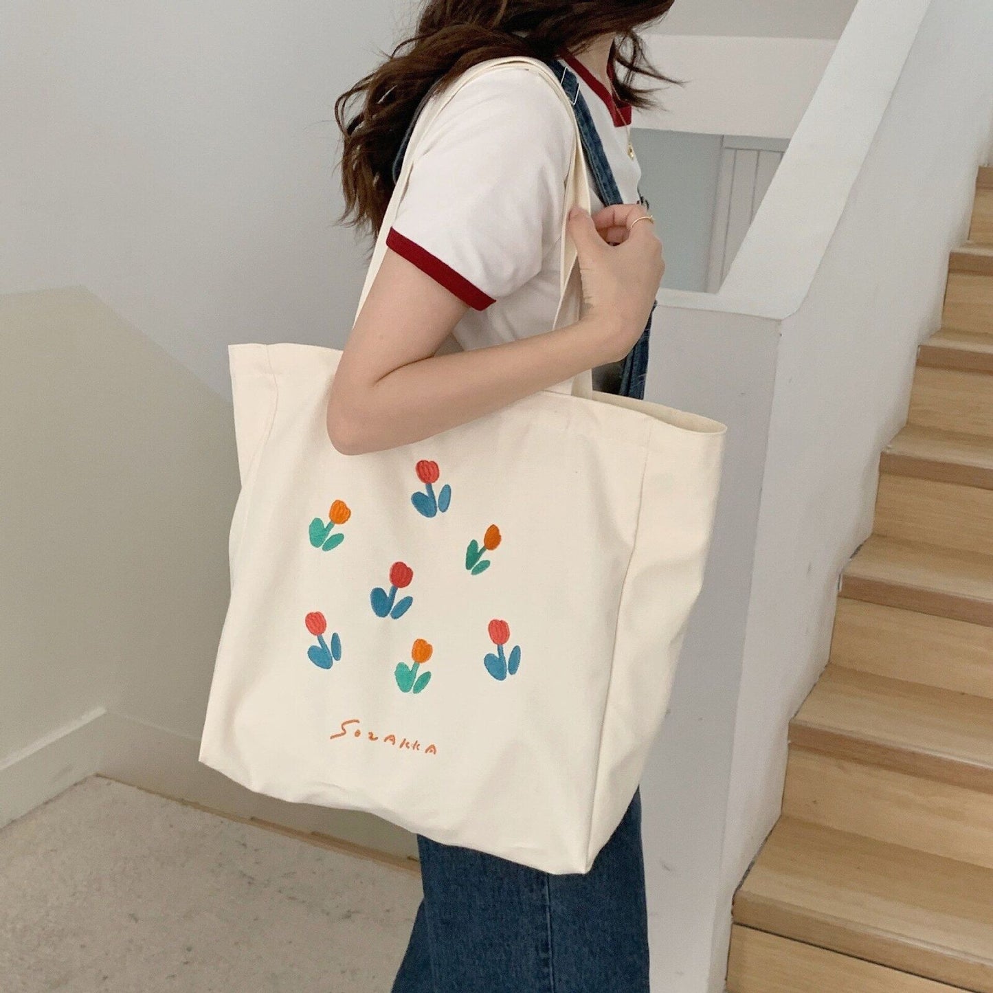 Cartoon Shoulder Bag Canvas Large Shopper Bag Fashion Casual Book Pouch 30*13*34