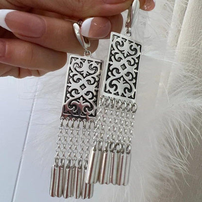 Ethnic Silver Long Tassel Earrings Mongolian Kazakh Tibetan Style For Women