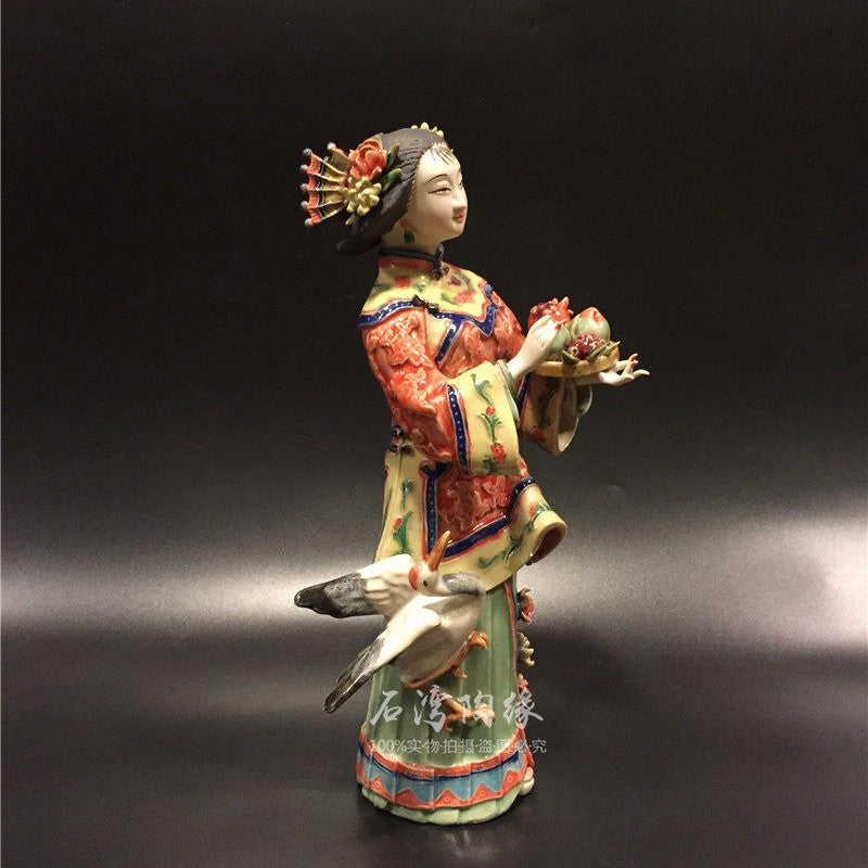 12" Chinese Wucai Porcelain Classical Beauty Women Bird Peach Long Life Figurine