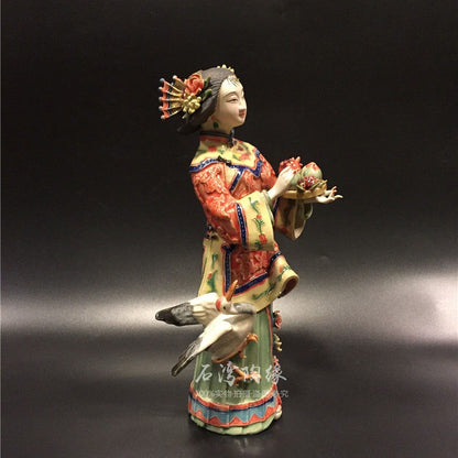 12" Chinese Wucai Porcelain Classical Beauty Women Bird Peach Long Life Figurine