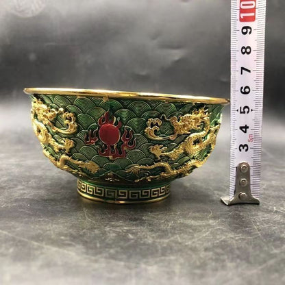 Chinese Crafts Antique Cloisonne Double Dragon Playing Beads Copper Plated Bowl