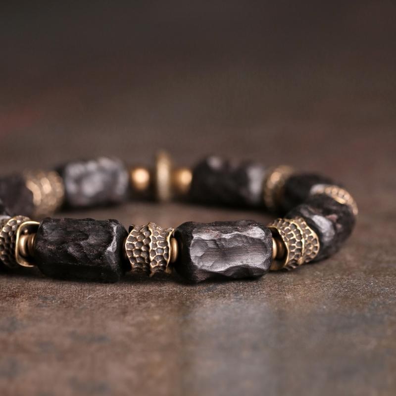 Retro Chinese Style Black Wood Bracelet | Brass Accent Handmade Beaded Bracelet