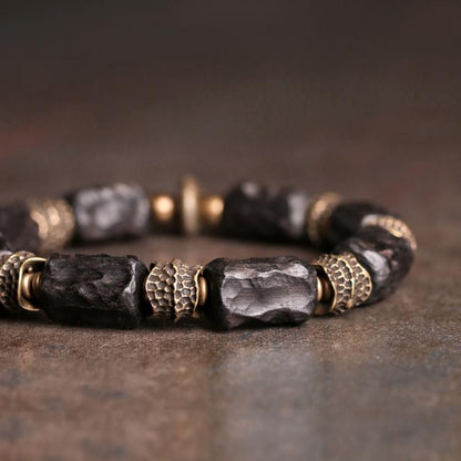 Retro Chinese Style Black Wood Bracelet | Brass Accent Handmade Beaded Bracelet