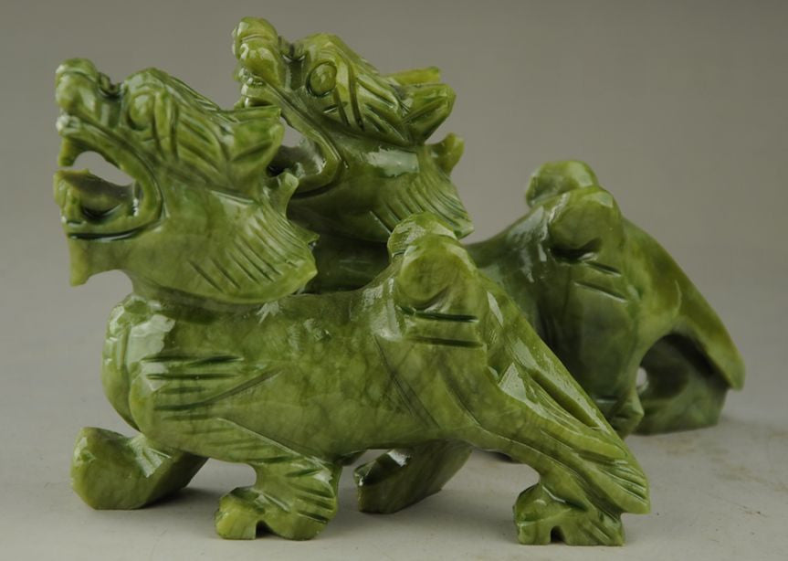 Chinese Natural green Jade Dragon Pixiu Statue Pair
