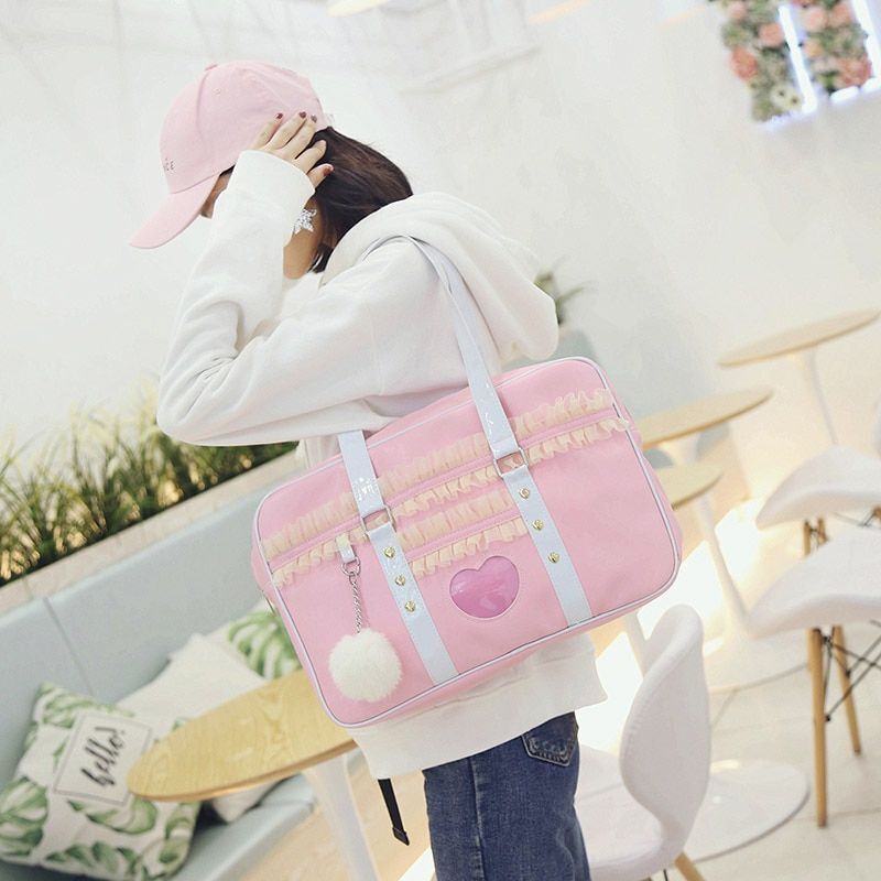 Shoulder Bag Lace Handbag Transparent Heart Handbag Plush Pendant 40*11*27 CM