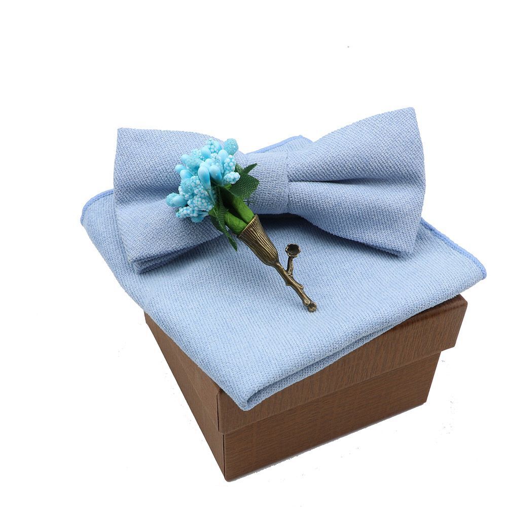 Men Bow Ties 3Pcs Cotton Handkerchief Flower Brooch Women Party Wedding Necktie