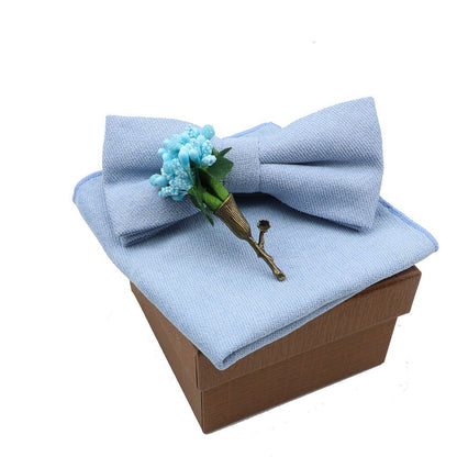 Men Bow Ties 3Pcs Cotton Handkerchief Flower Brooch Women Party Wedding Necktie