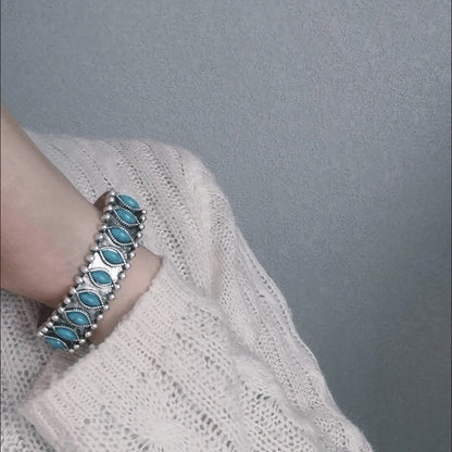 Miao Ethnic Silver Cuff Bracelet Faux Turquoise Boho Vintage Carved Open Bangle
