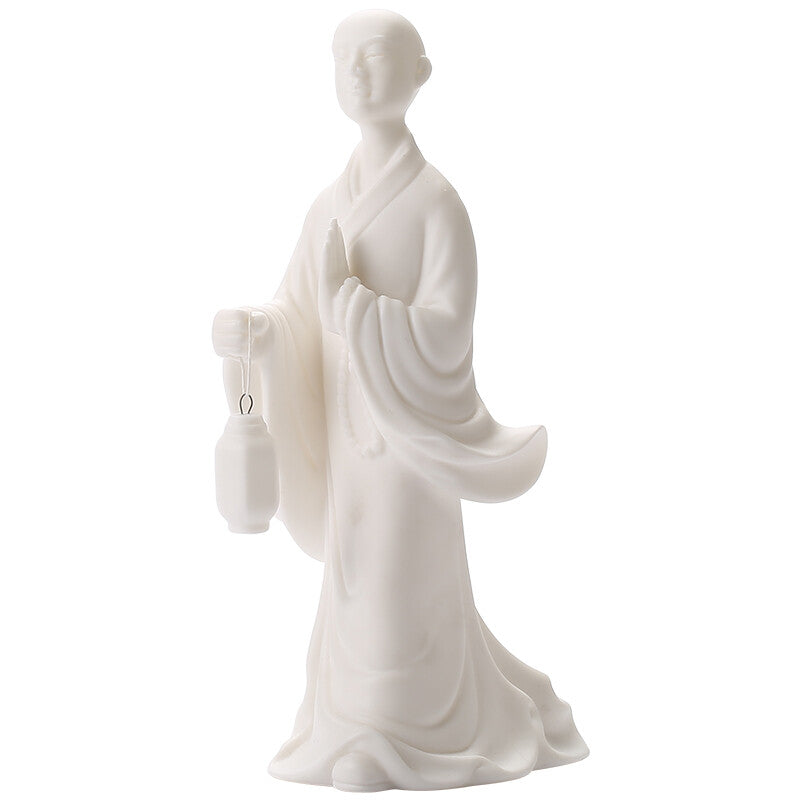 New White Porcelain Statue Monk Lantern Buddhism Zen Office Study Table Decor