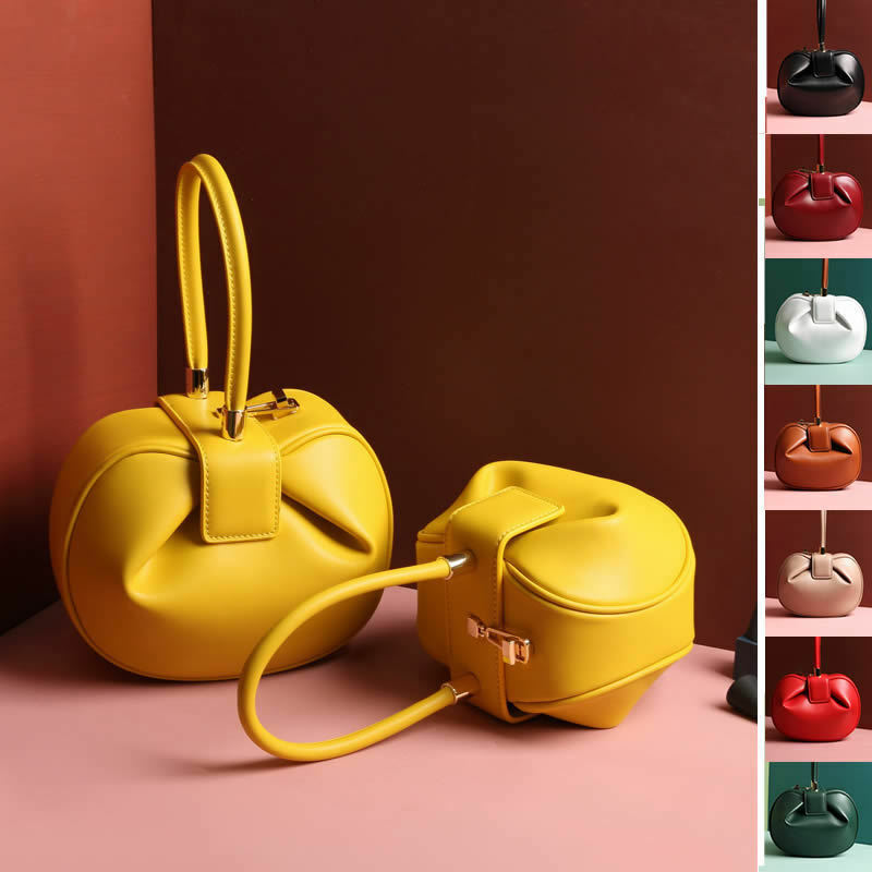 Real Leather Wonton Round Pouch Clutch Purse Top Handle Tote Handbag Grab Bag