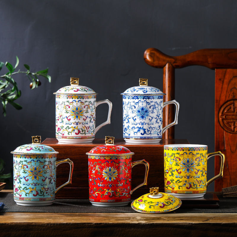 4.82" Chinese Jingdezhen Ceramic Household Tea Cup with Lid Bone Water Cup Gift