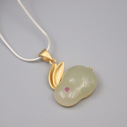 Real S925 Silver Hetian Jade Pendant Women's Charm Small Rabbit Lucky Pendan