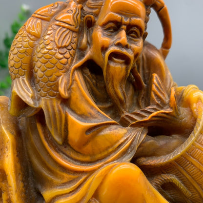 4" Noble Old Shoushan Stone Handwork Carved Old Fisherman Fish Statue Seal Stamp