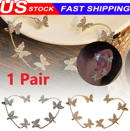 1 pair Butterfly Ear Clip Silver Zircon Earrings Cuff Wrap Women Jewelry Gifts