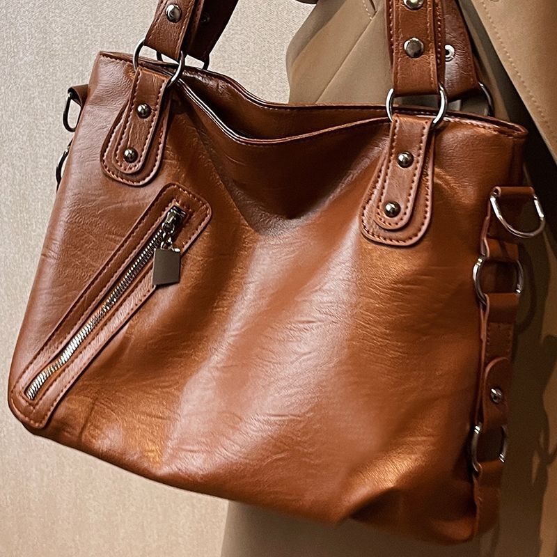 Shoulder Bag Oil Wax Leather Wide Strap Crossbody Bag Zipper Shopper Handbag 1PC