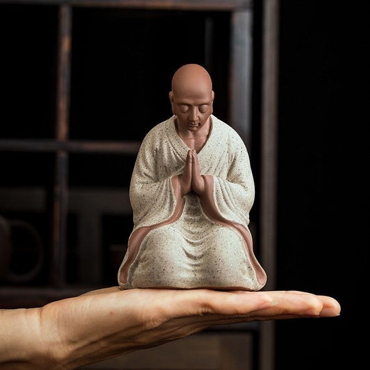 Chinese Zi Sha Clay Praying Monk Statue Kneeling Buddhist Figure Zen Collection