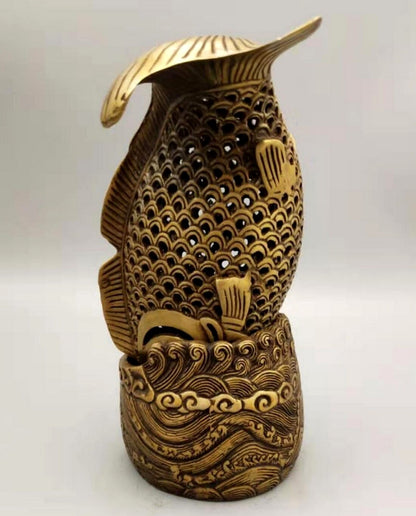 Brass Carved Fish Incense Burner Statue Animal Decor