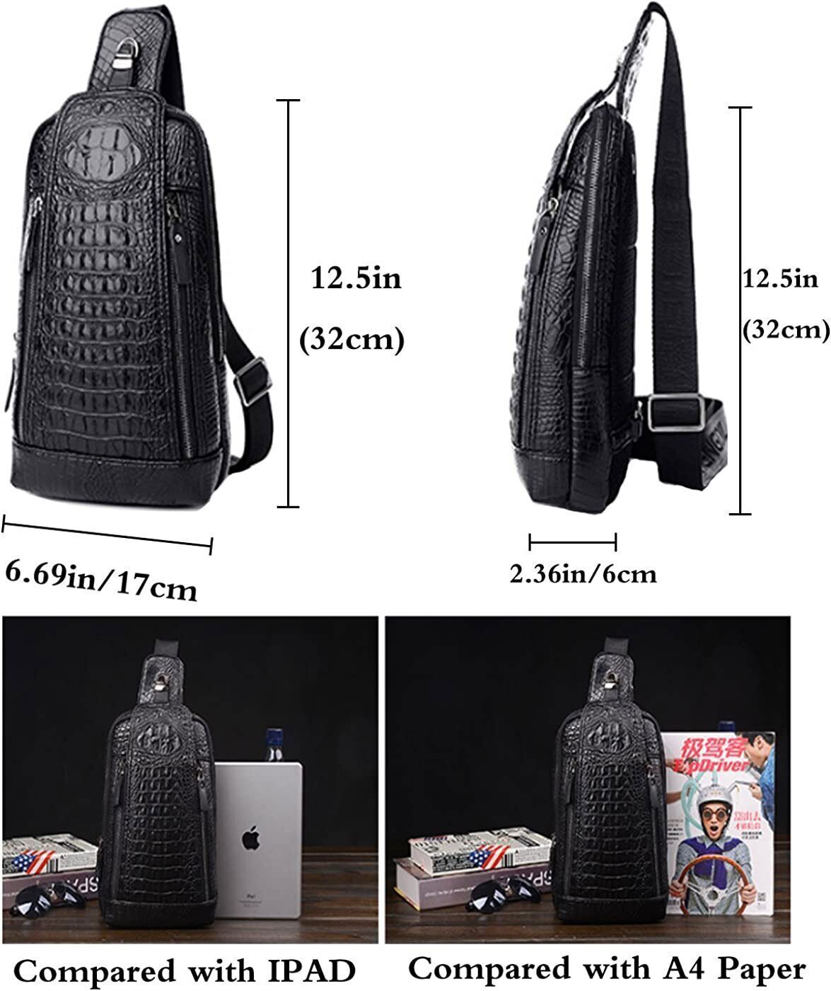 Mens Crocodile Leather Sling Bag Chest Shoulder Daypack Waterproof Crossbody Bag