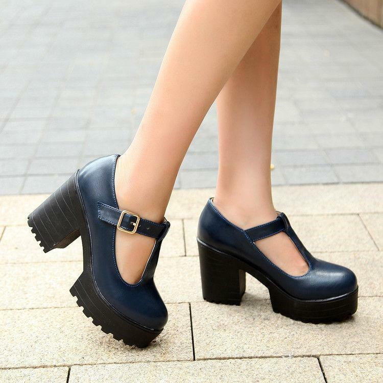 Women's Chic Chunky Heels High Platform Mary Jane Ankle T-Strap Punk Shoes Solid