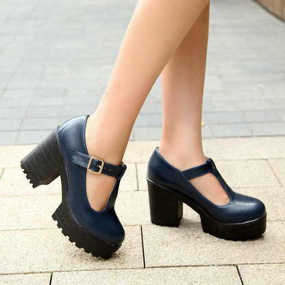 Women's Chic Chunky Heels High Platform Mary Jane Ankle T-Strap Punk Shoes Solid