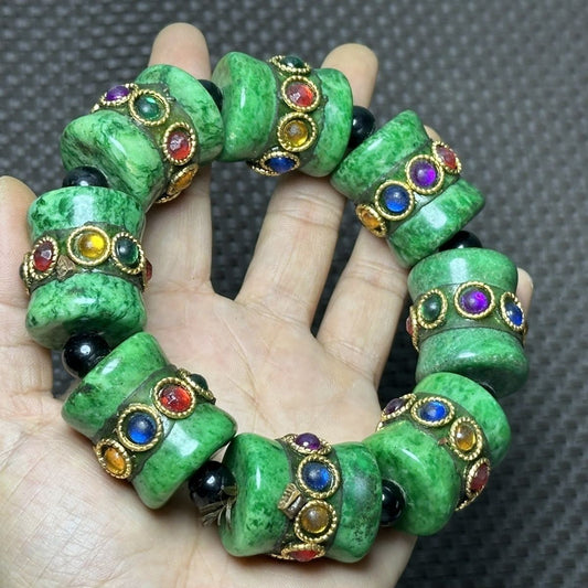 China Tibetan Natural Old Jade Collection Big Beads Green Bracelet Lucky Gift